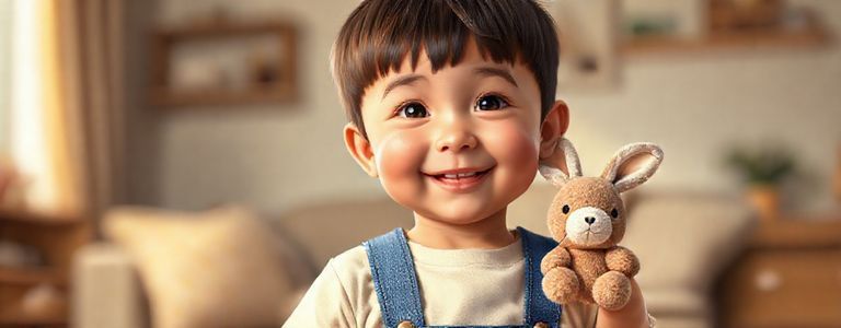 脸上洋溢着笑容的小男孩，他留着非常整齐的齐刘海发型，身穿蓝色背带裤和米白色T恤一只手举着一只小兔子的毛绒玩具。画面背景是温馨的家庭场景